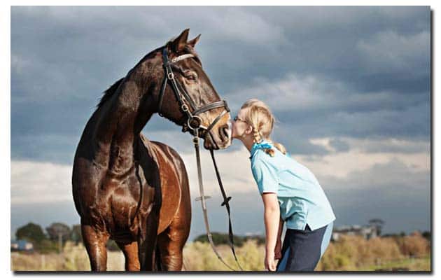 Meisje geeft een kus aan haar paard. Ook paarden met artrose kunnen getraind worden.