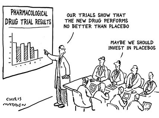 Cartoon. Een onderzoeker zegt tegen een vergadering managers: 'Proeven tonen aan dat ons nieuw geneesmiddel niet beter werkt dan placebo'. Waarop één van de managers antwoordt: 'Misschien kunnen we beter investeren in placebo's'.