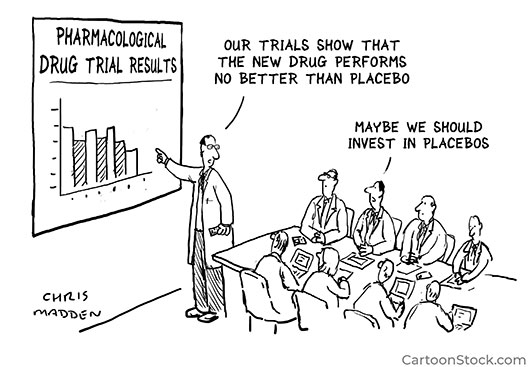 Cartoon. Een onderzoeker zegt tegen een vergadering managers : 'Proeven tonen aan dat ons nieuw geneesmiddel niet beter werkt dan placebo'. Waarop één van de managers antwoordt : 'Misschien kunnen we beter investeren in placebo's'.